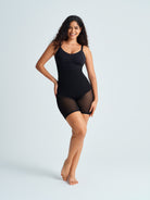 Woman wearing a black shapewear tummy control panties. The brand is Baerely who supports seamless underwear for women & seamless shapewear for women.